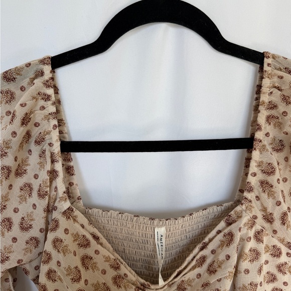 NWT American Eagle Cream Block Print Bell Sleeve Dress Tie Front Smocked Small - Picture 7 of 10